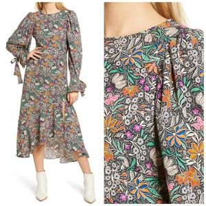 Topshop Women's Floral Paisley Long Sleeve High Low Midi Dress, Size 8